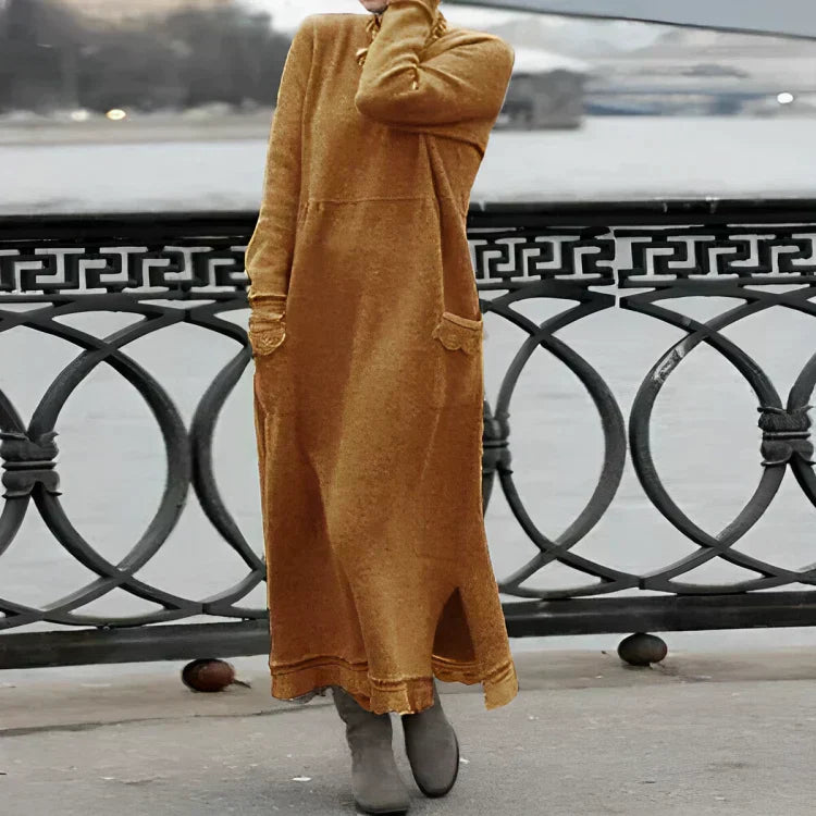 Knit Cowl Neck Long Sleeve Patch Pocket Side Slit Maxi Dress