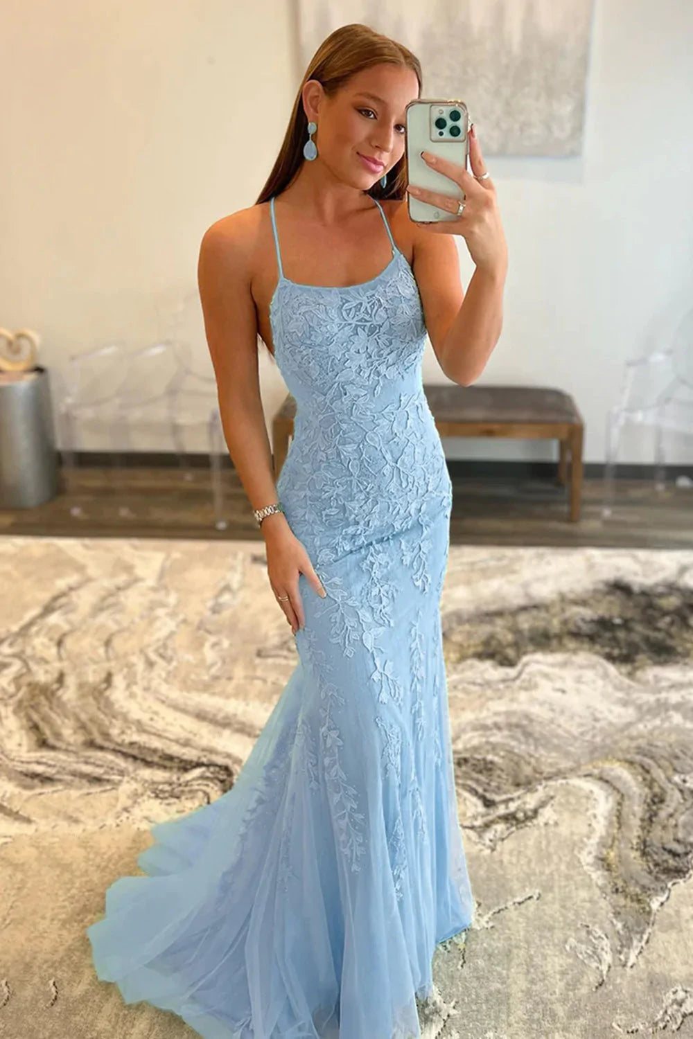 Mermaid Spaghetti Straps Hot Pink Long Prom Dress with Appliques
