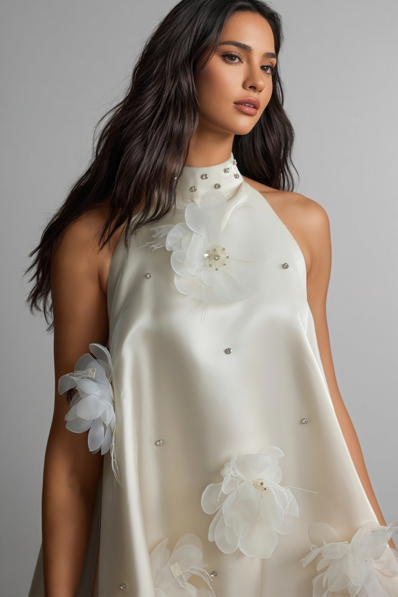 Floral Applique Halter Neck Sleeveless A-Line Mini Dress