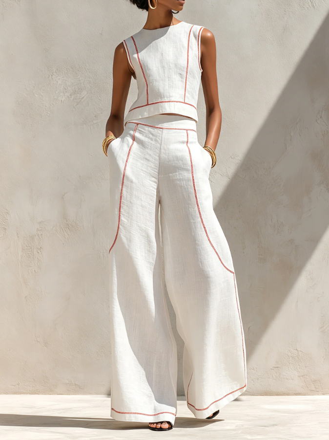 Minimalist Women's Linen-Blend Blouse and Wide-Leg Pants Set