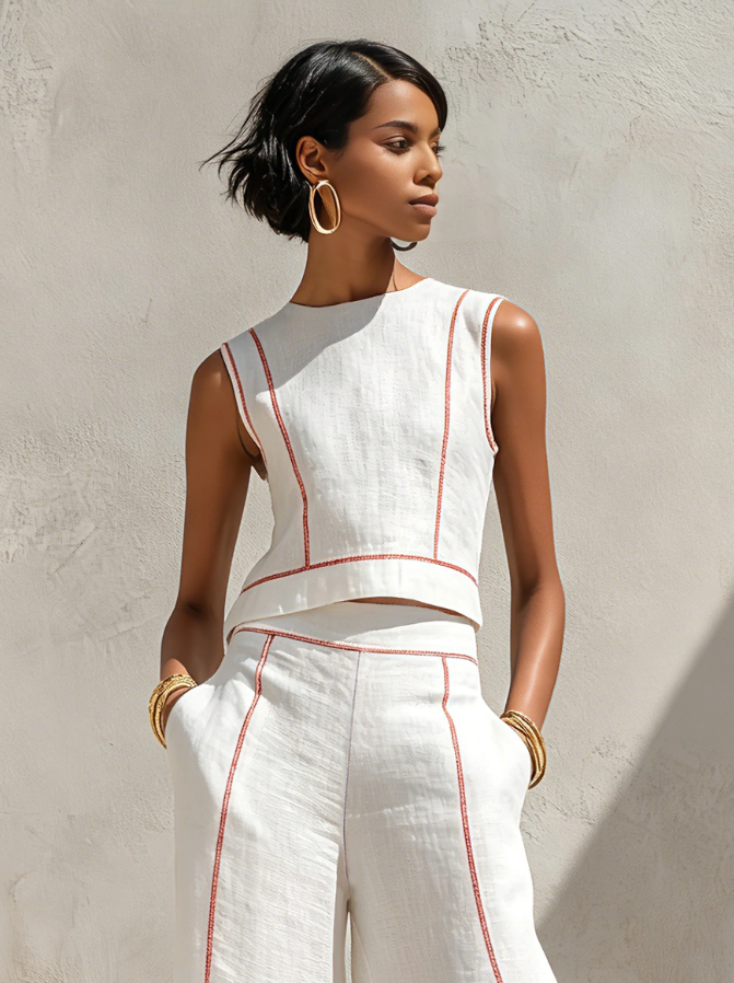 Minimalist Women's Linen-Blend Blouse and Wide-Leg Pants Set