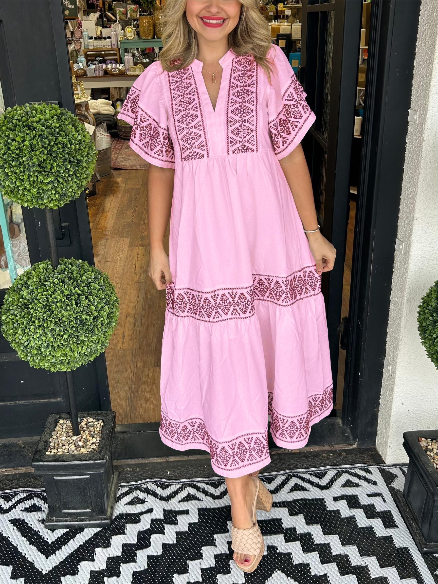 Embroidered V-Neck Flutter Sleeve Empire Waist Tiered Midi Dress