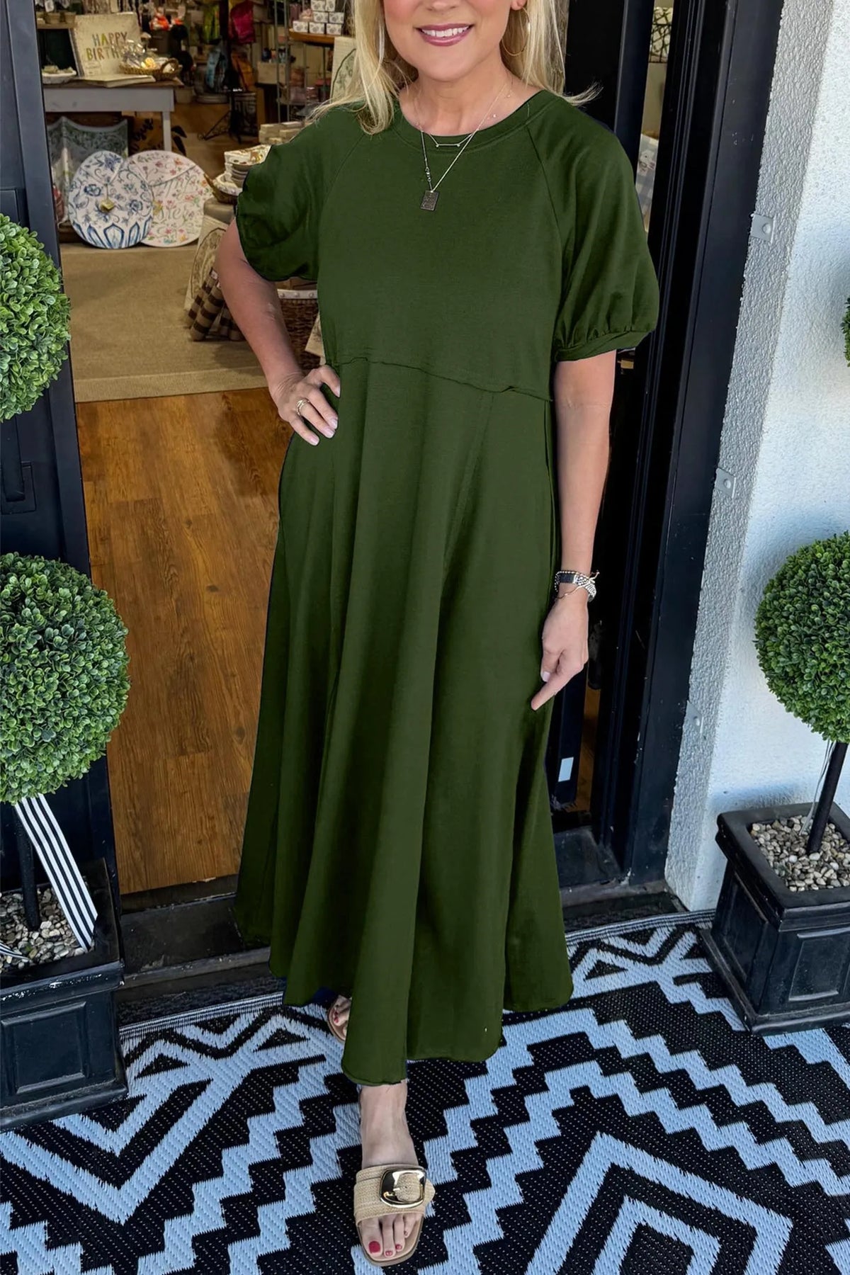 Round Neck Puff Sleeve Fit and Flare Midi Dress