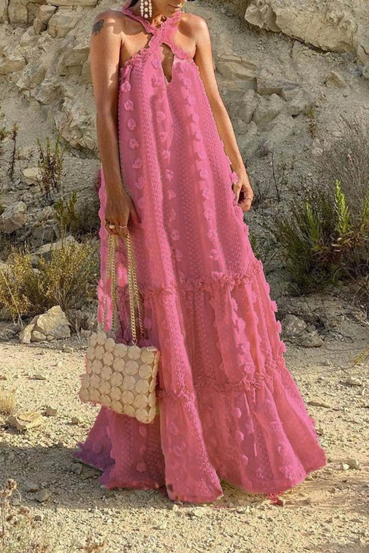 Appliqué Halter Neck Keyhole Tiered Maxi Dress 12