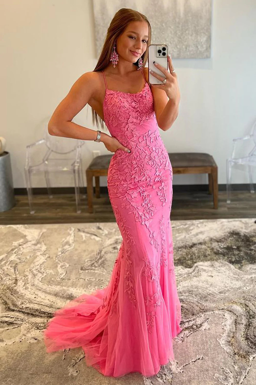 Mermaid Spaghetti Straps Lavender Long Prom Dress with Appliques