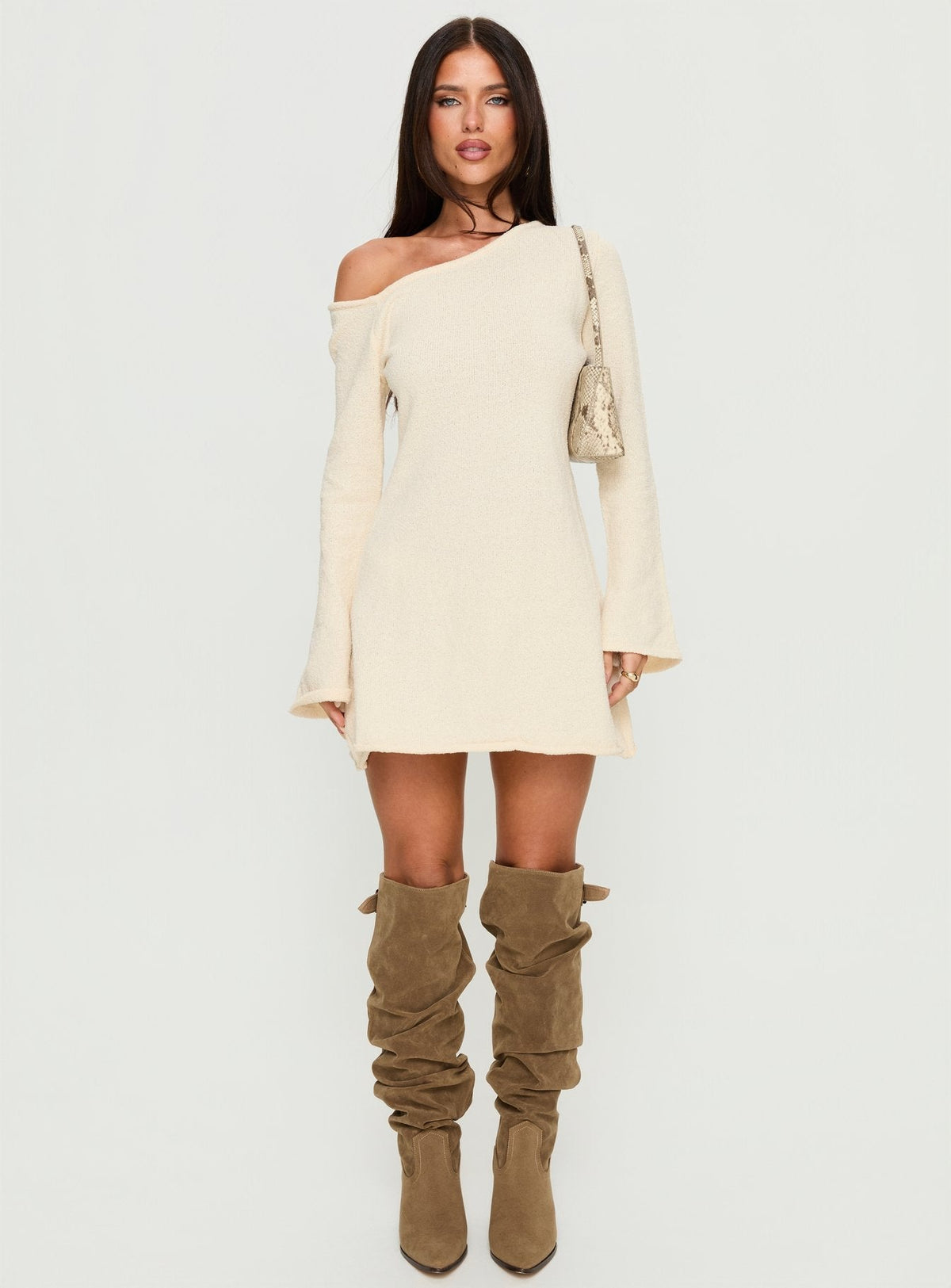 Knit Off Shoulder Long Flare Sleeve Mini Sweater Dress 6
