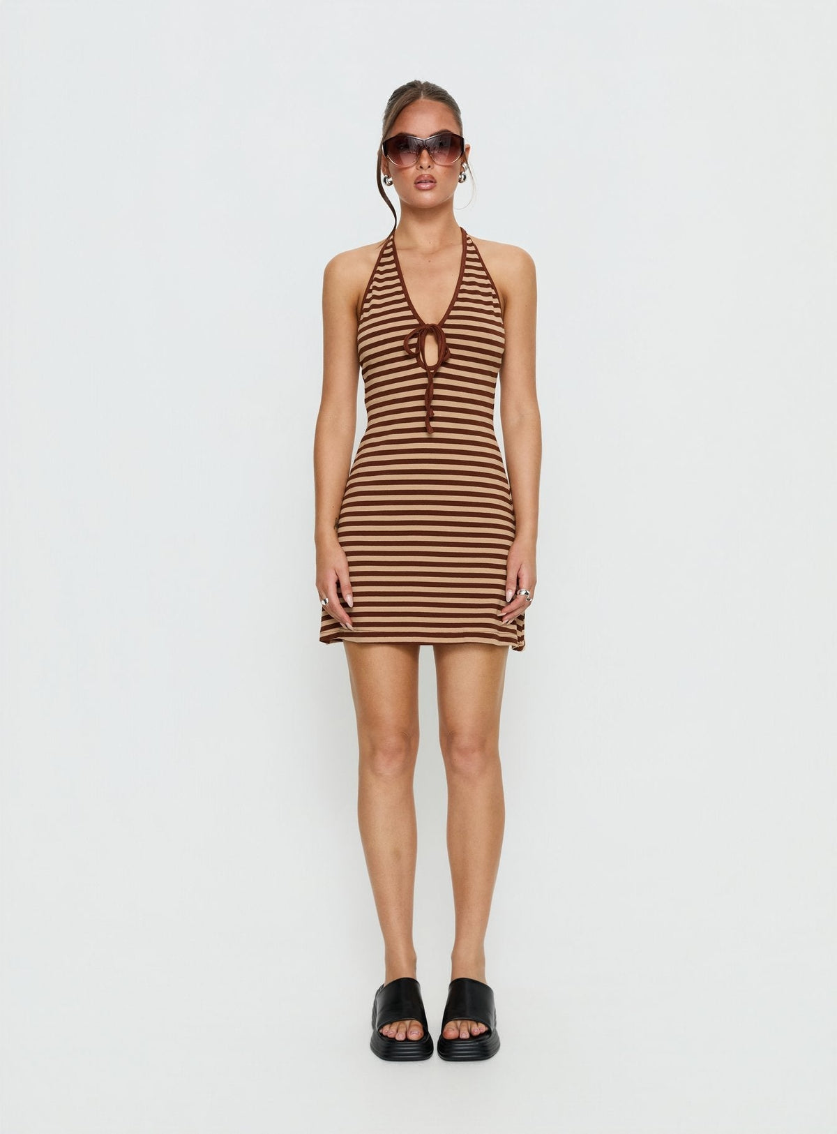 Striped Halter Neck Keyhole Tie Front Bodycon Mini Dress 6
