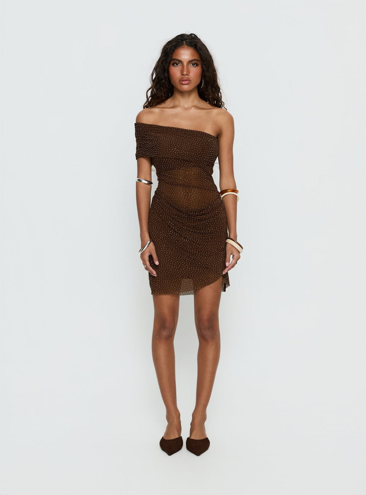 Sheer Shimmer Mesh Off Shoulder Draped Bodycon Mini Dress 7