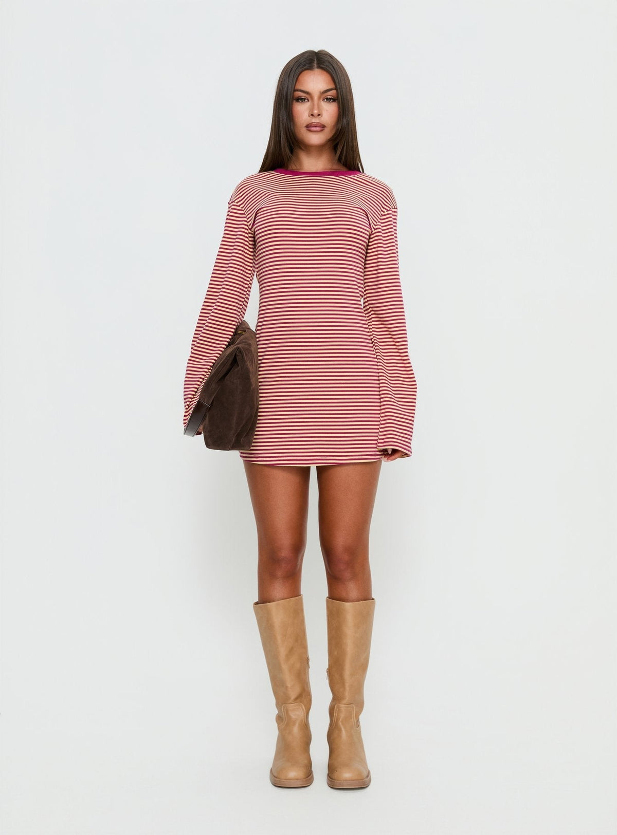 Lulolah Long Sleeve Mini Dress Lemon / Burgundy Stripe
