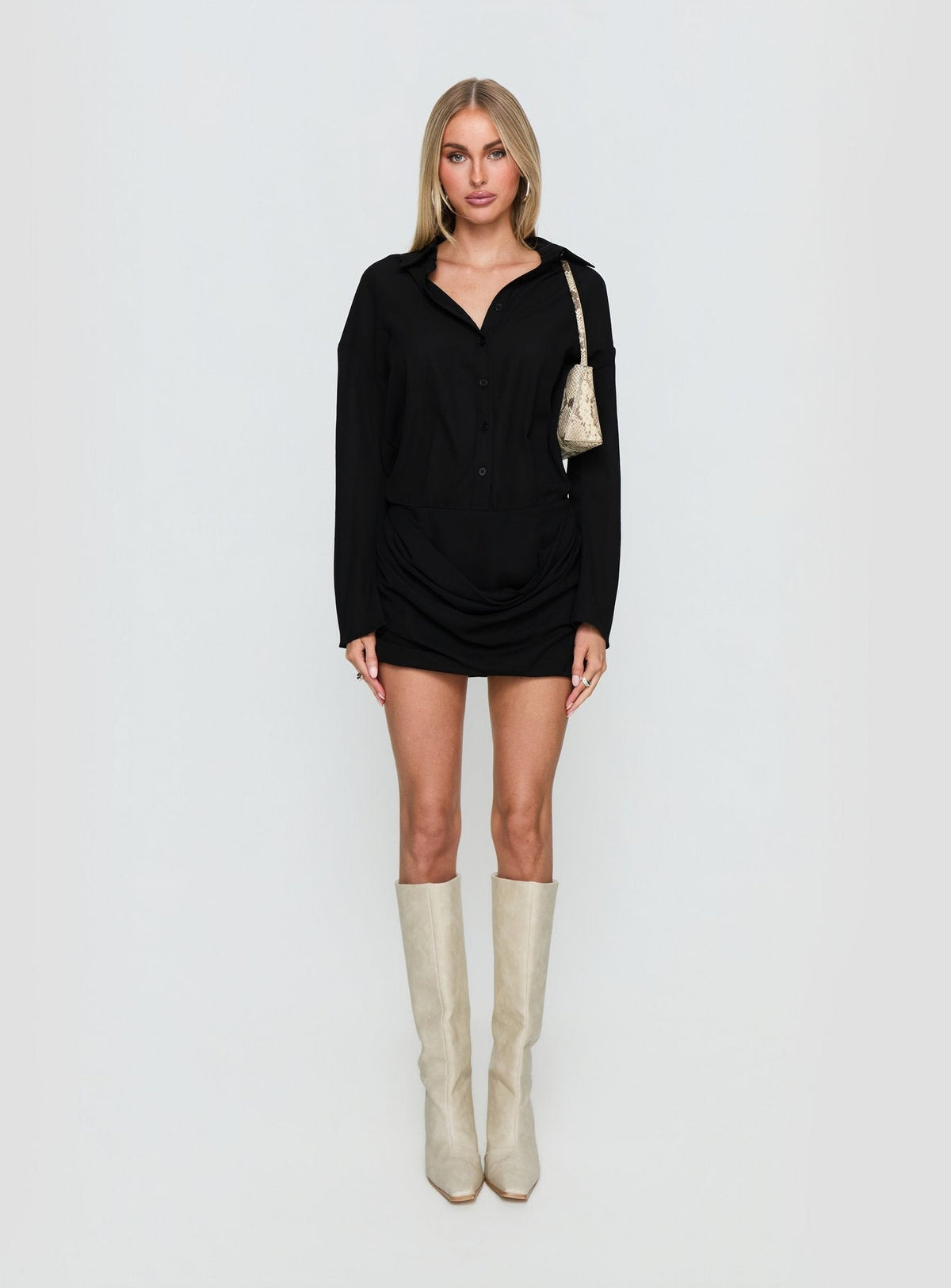 Collared Button Front Long Sleeve Draped Wrap Shirt Mini Dress 7