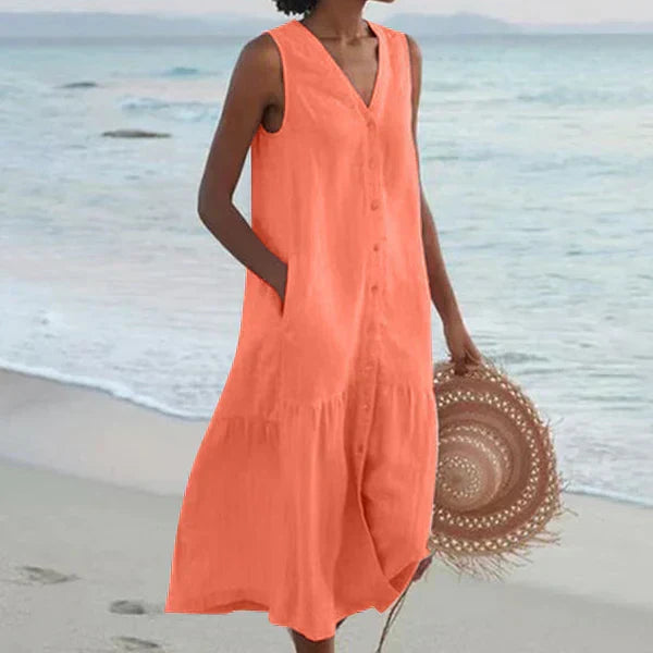 V-Neck Button Front Sleeveless Tiered Pocket Shift Midi Summer Dress - View 7