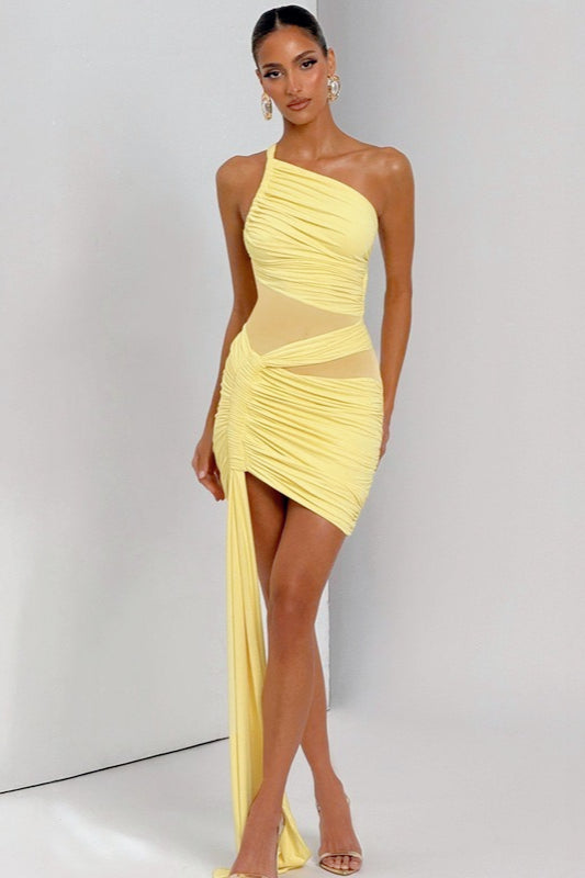 One Shoulder Ruched Sheer Mesh Cut Out Draped Sash Mini Dress