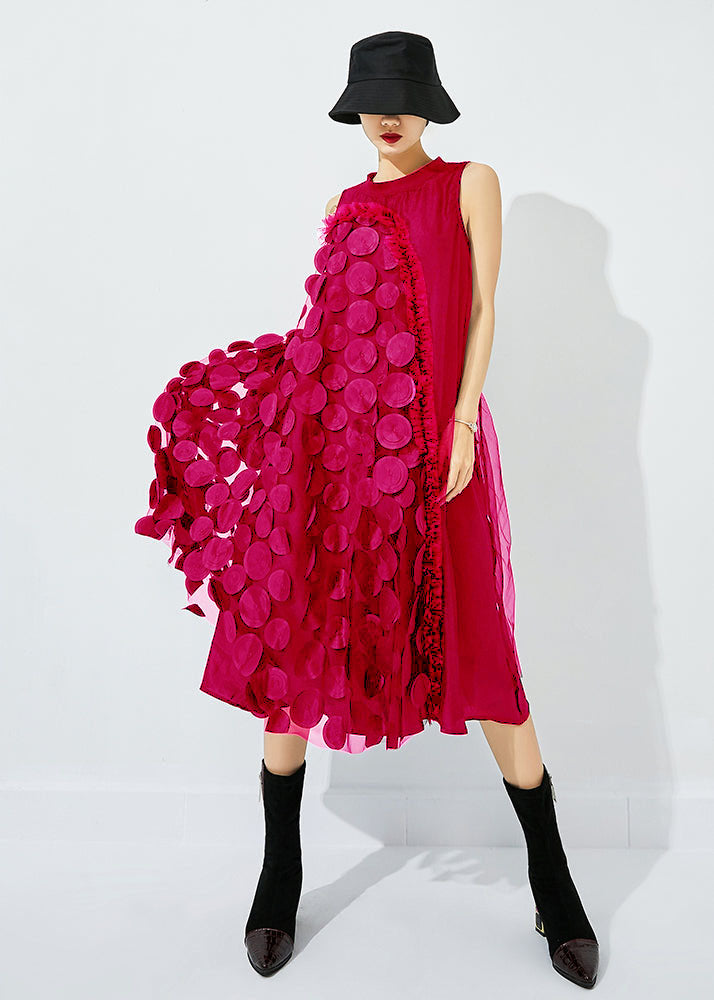 3D Circle Appliqué Asymmetric Drape High Neck Mesh Overlay Sleeveless Midi Dress