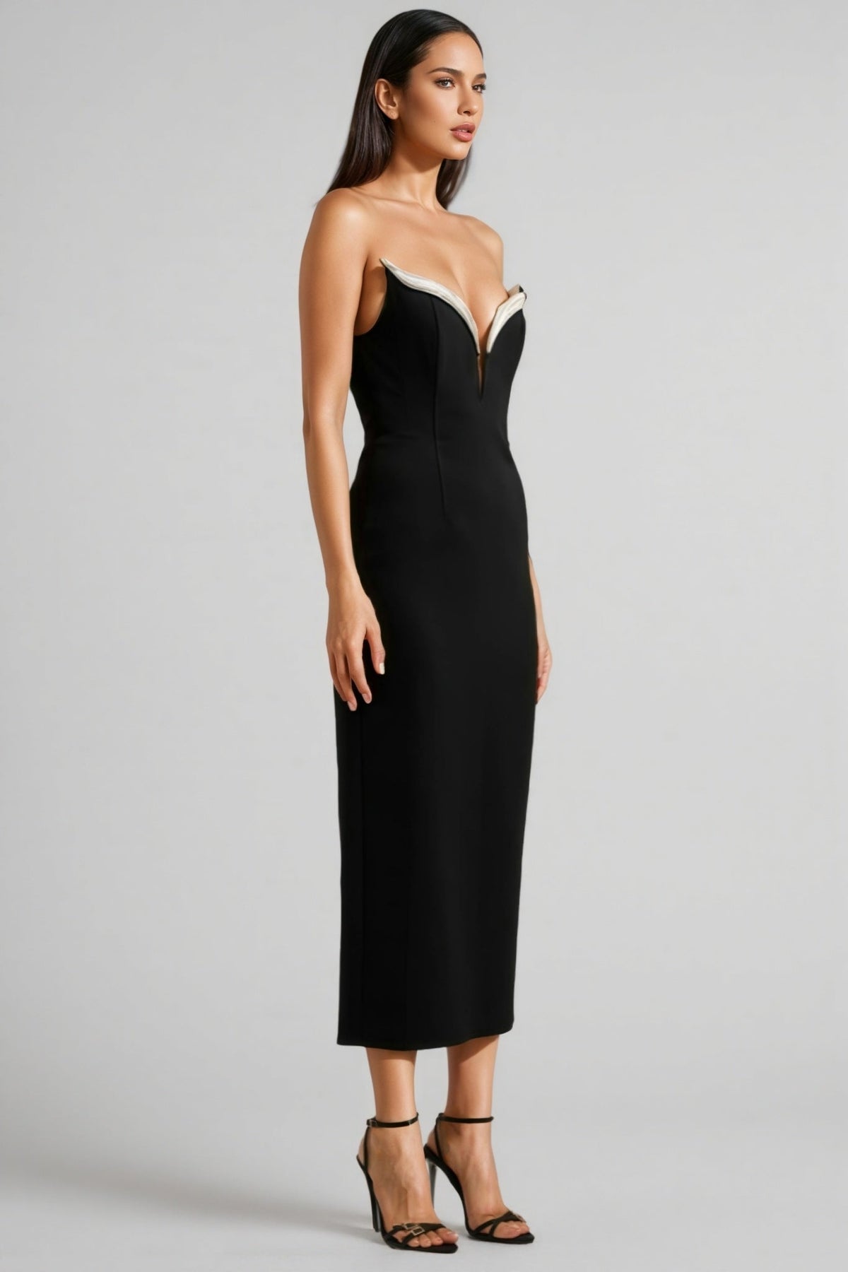 Strapless Plunge Sweetheart Contrast Trim Column Midi Dress 2