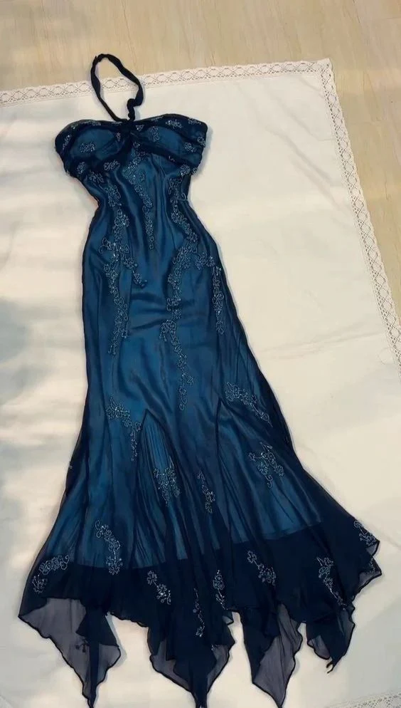Unique Navy Blue Chiffon Beaded Formal Prom Dress Mermaid Evening Dress cc1387