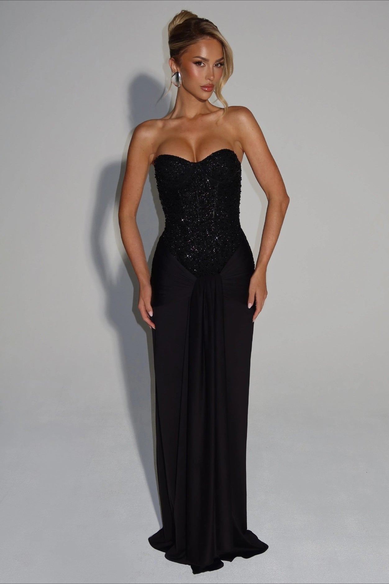 Sequin Strapless Corset Ruched High Split Mermaid Maxi Dress