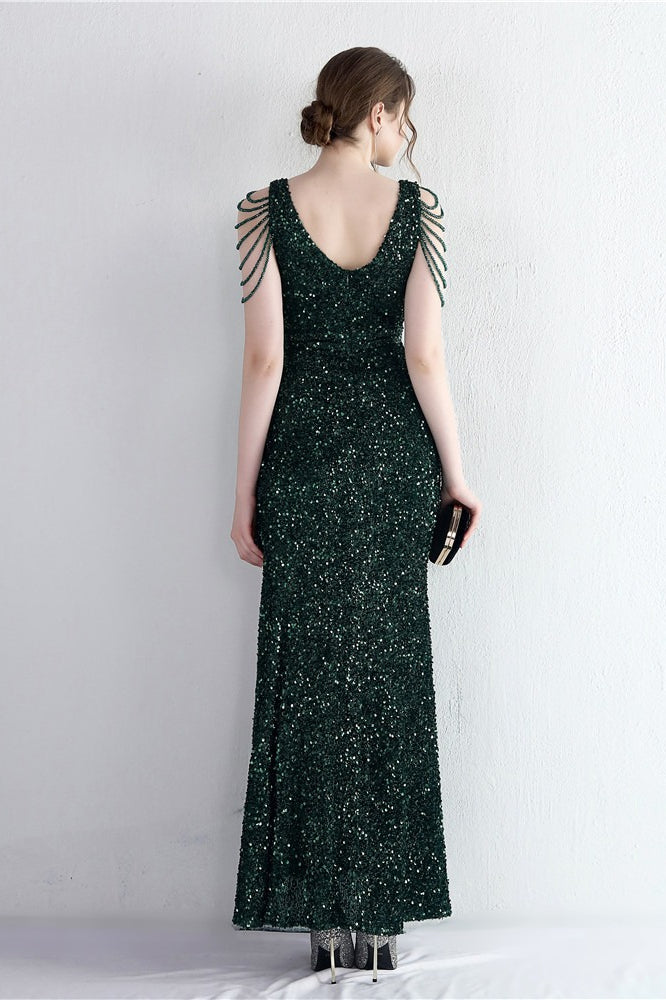 Sequin V-Neck Beaded Fringe High Split Mermaid Gown