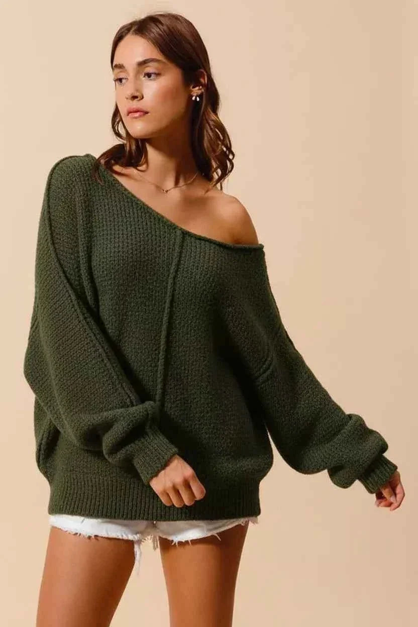 Exposed Seam Wide Neck Slouchy Oversized Knit Sweater