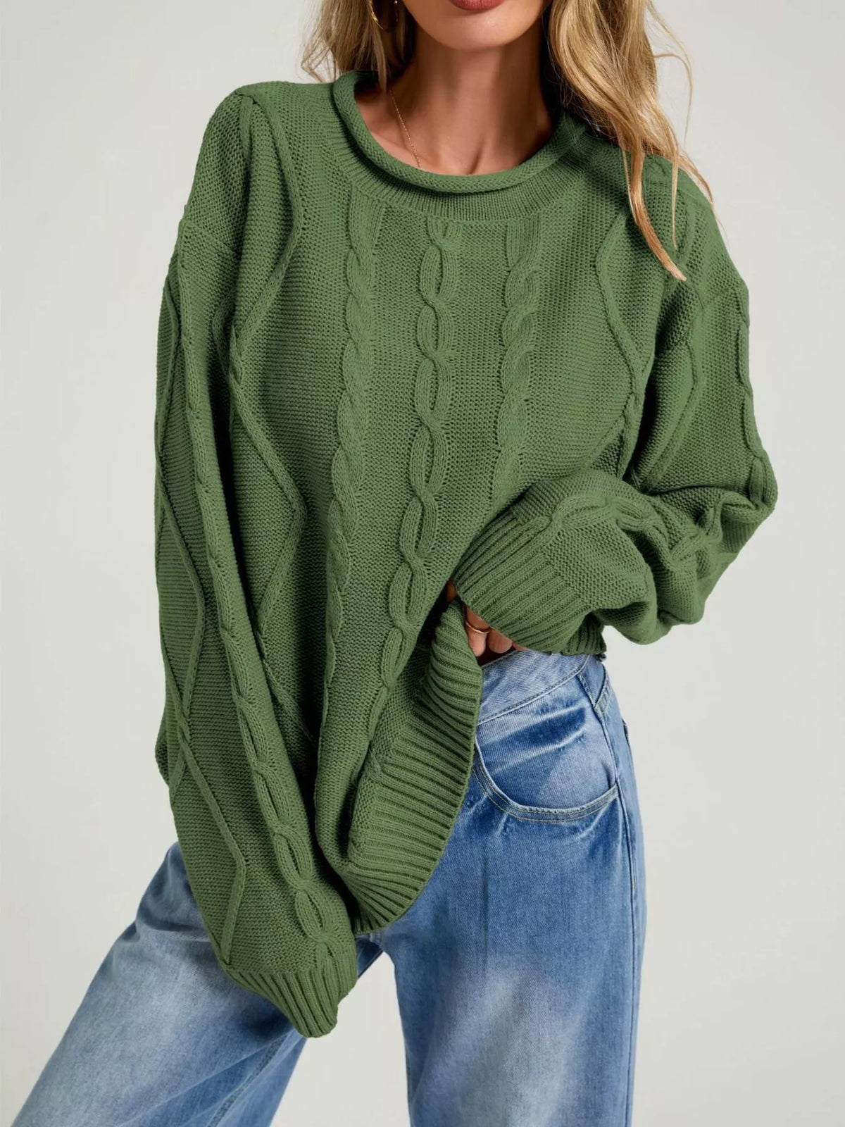 Crew Neck Long Sleeve Cable Knit Side Slit Oversized Sweater 4