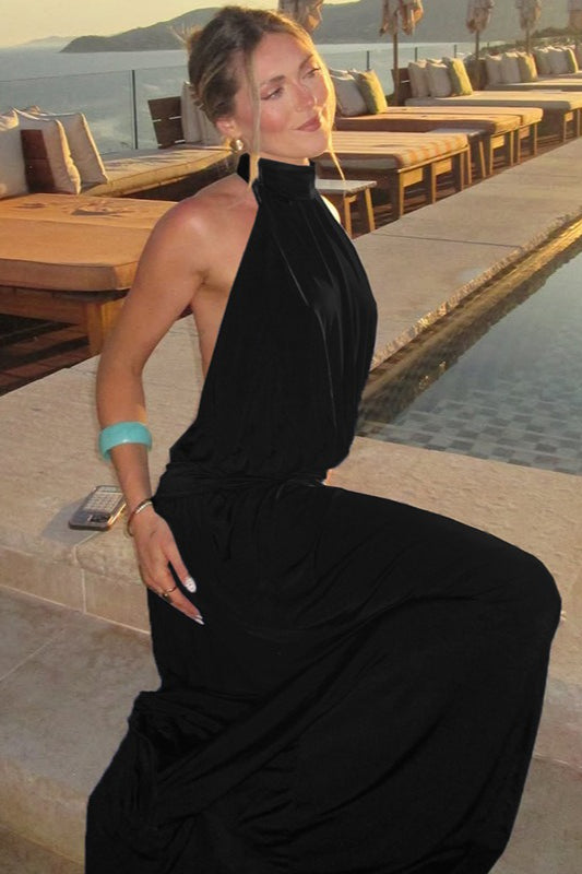 Halter Neck Ruched High Split Maxi Dress