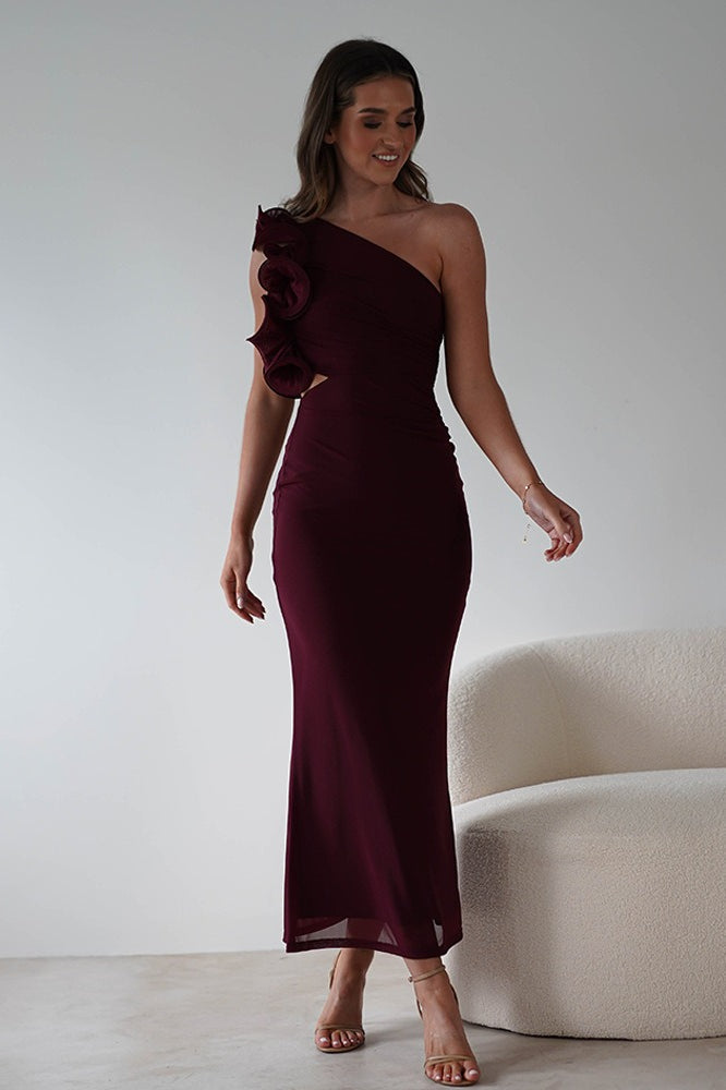 One Shoulder 3D Floral Cut Out Ruched Bodycon Maxi Dress