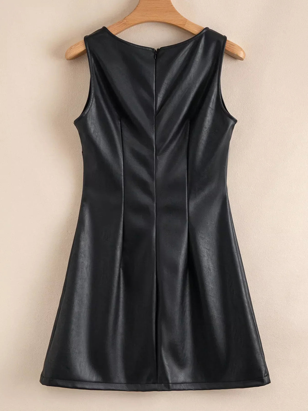 Faux Leather Sleeveless Boat Neck Shift Mini Dress 7