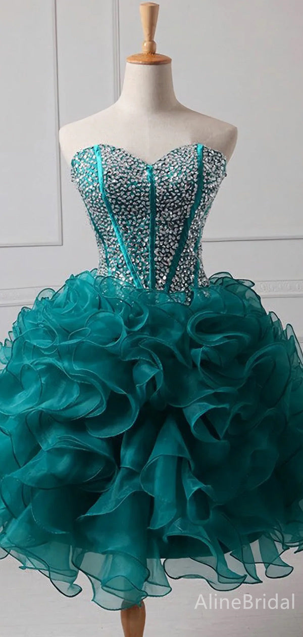 Rhinestone Beaded Sweetheart Corset Ruffle Organza Homecoming Dress 3