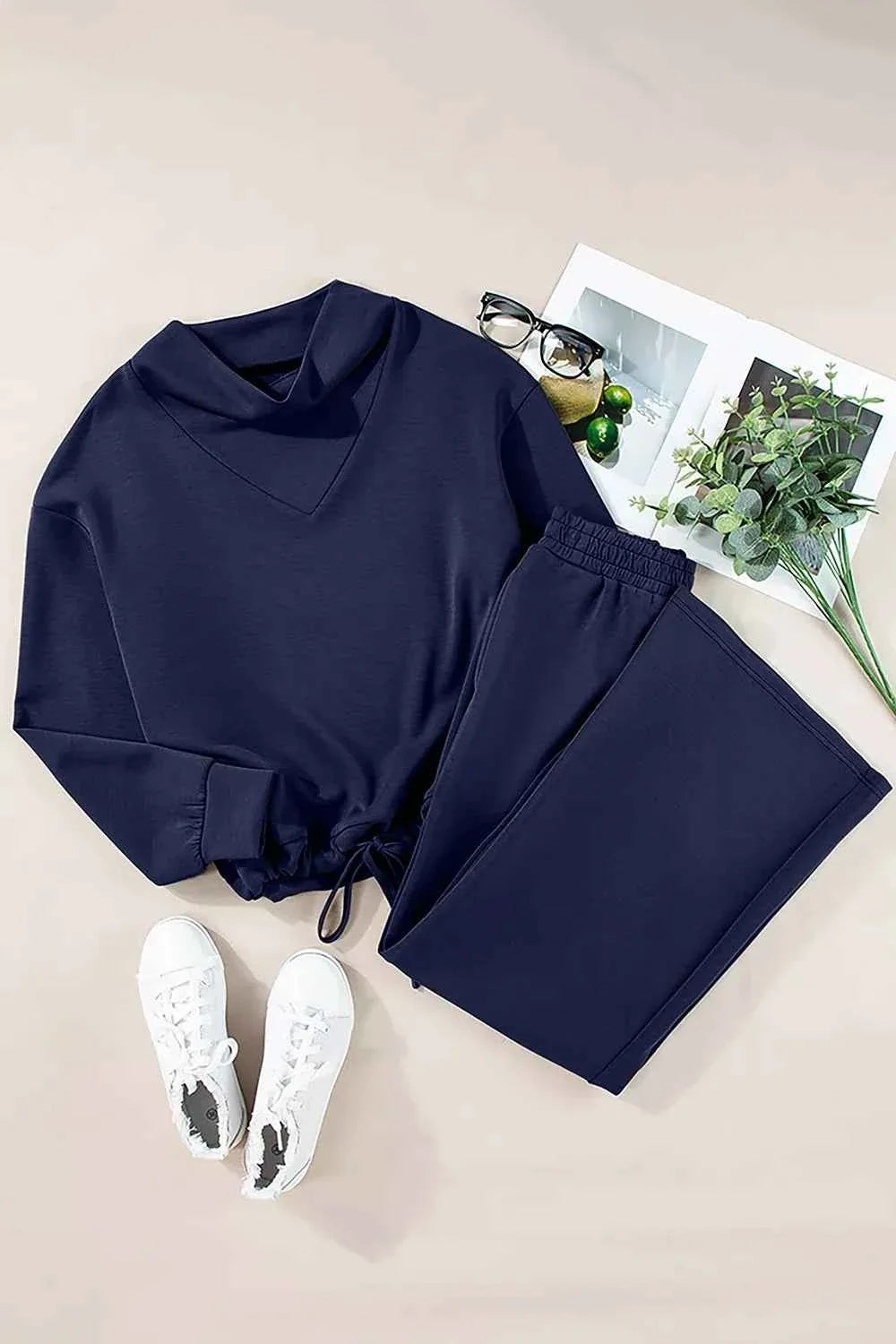 Solid Color Cowl Neck Drawstring Pullover Wide Leg Athleisure Pants Set