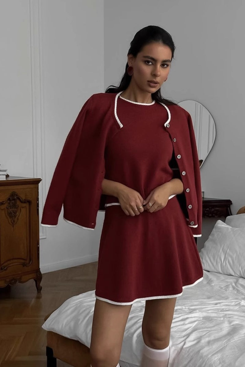 Loose Fit Tweed Cardigan Skirt Knit Set