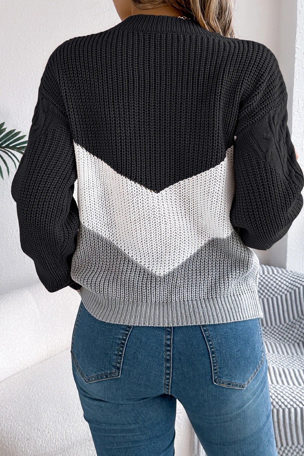 Colorblock Chevron Crew Neck Long Sleeve Cable Knit Sweater 6