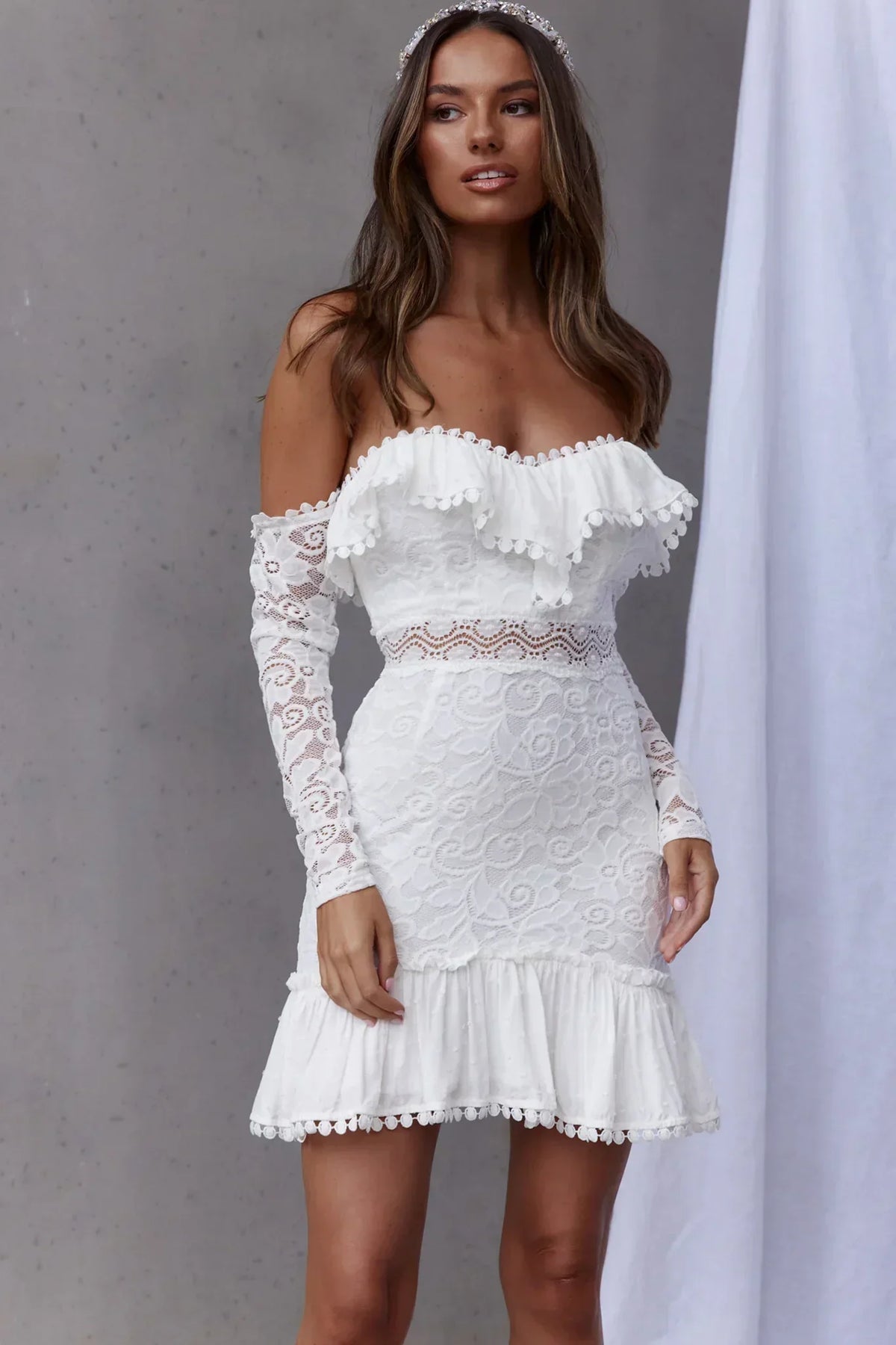 Lace Off Shoulder Ruffle Long Sleeve Pom Pom Trim Flounce Hem Mini Dress 4