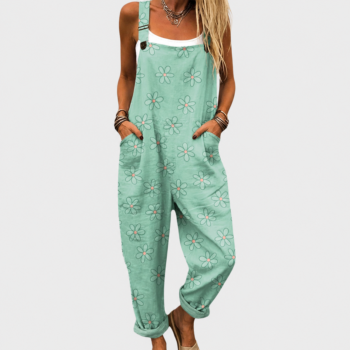 Sleeveless Daisy Floral Print Pocket Overall Jumpsuit