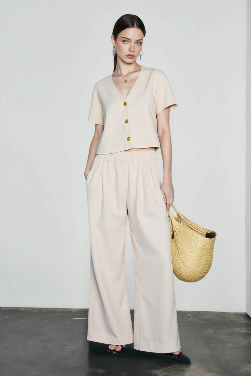 Linen V Neck Short Sleeve Blouse