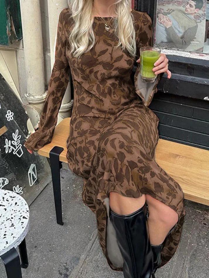 Brown Signature Print Trumpet Sleeve Maxi Dress