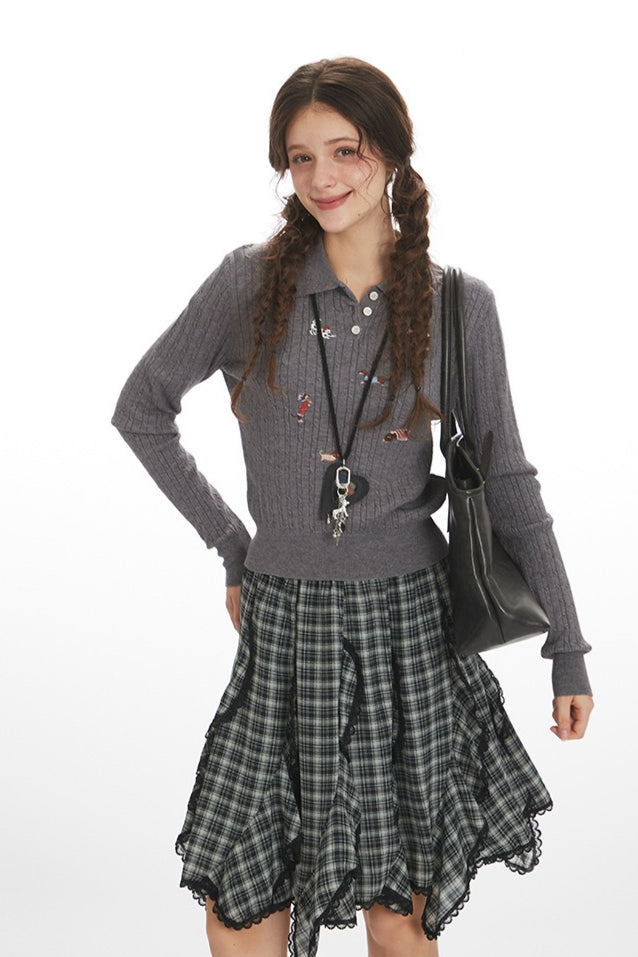 Embroidered Puppy Polo Knit Top