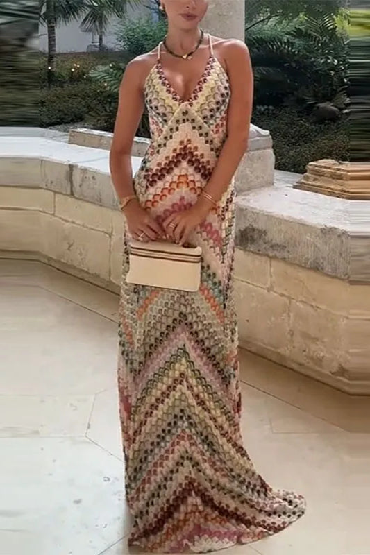 Contrast Color V-neck Sleeveless Slim Maxi Dress