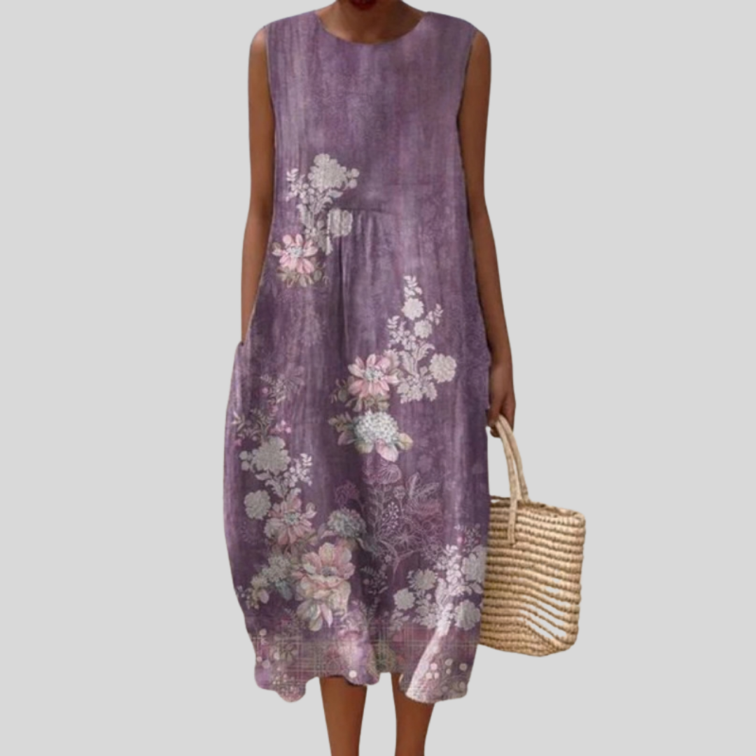 Floral Sleeveless Round Neck Pocket Cocoon Midi Dress