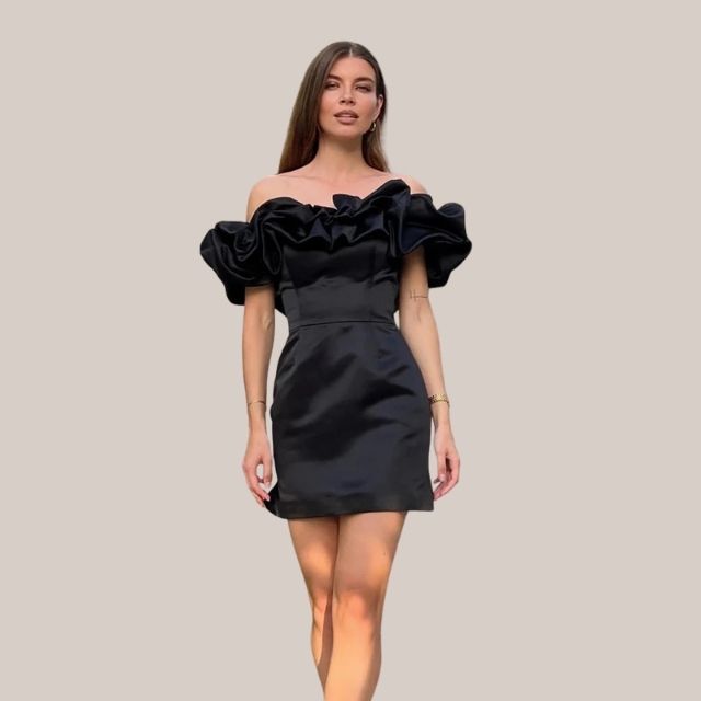 Satin Off Shoulder Dramatic Ruffle Bodycon Cocktail Mini Dress