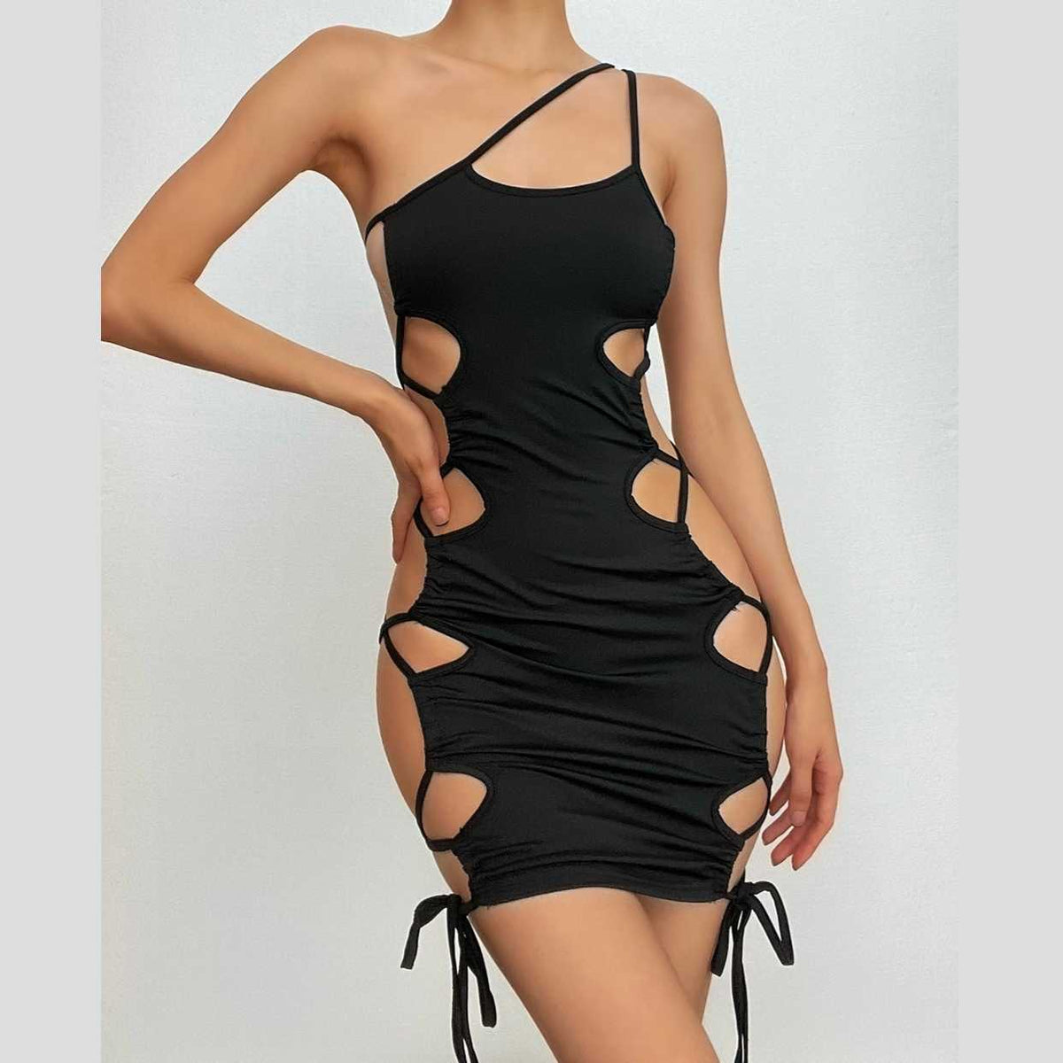 One Shoulder Side Cut Out Drawstring Ruched Bodycon Mini Dress
