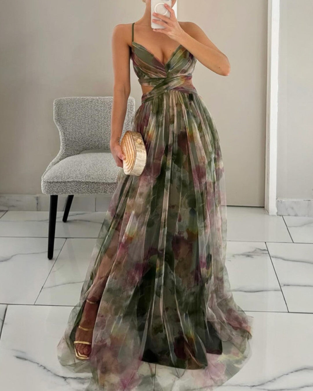 Floral Print Chiffon Deep V-Neck Ruched Waist A-Line Maxi Dress