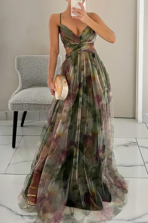 Floral Print Tulle V-Neck Spaghetti Strap High Split Maxi Gown