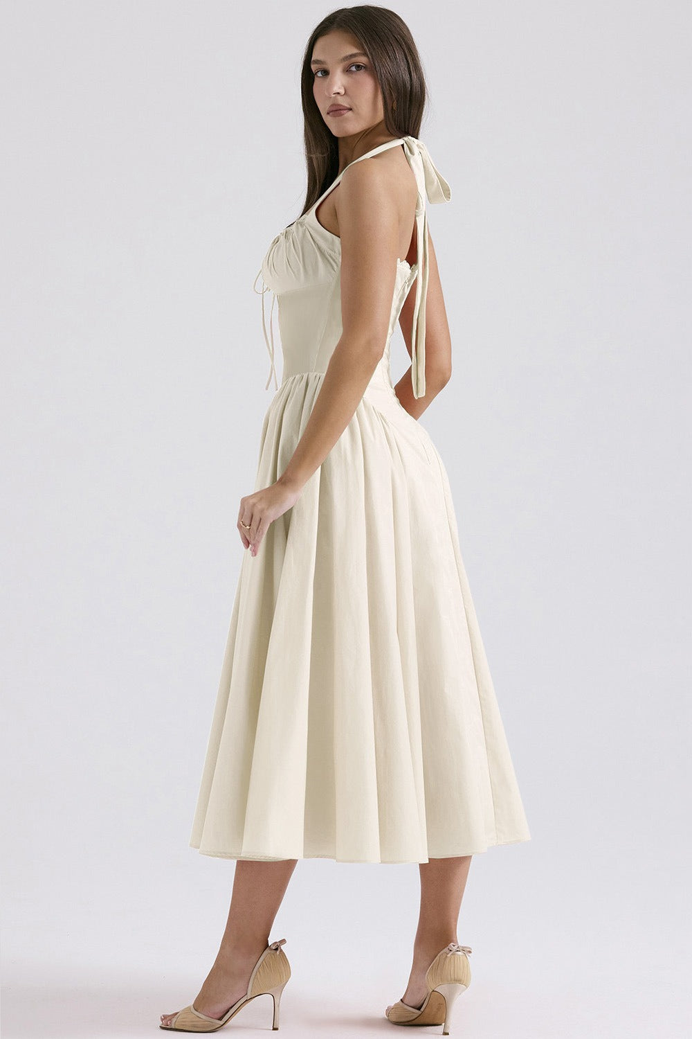 Halter Neck Ruched Corset Fit and Flare Midi Dress