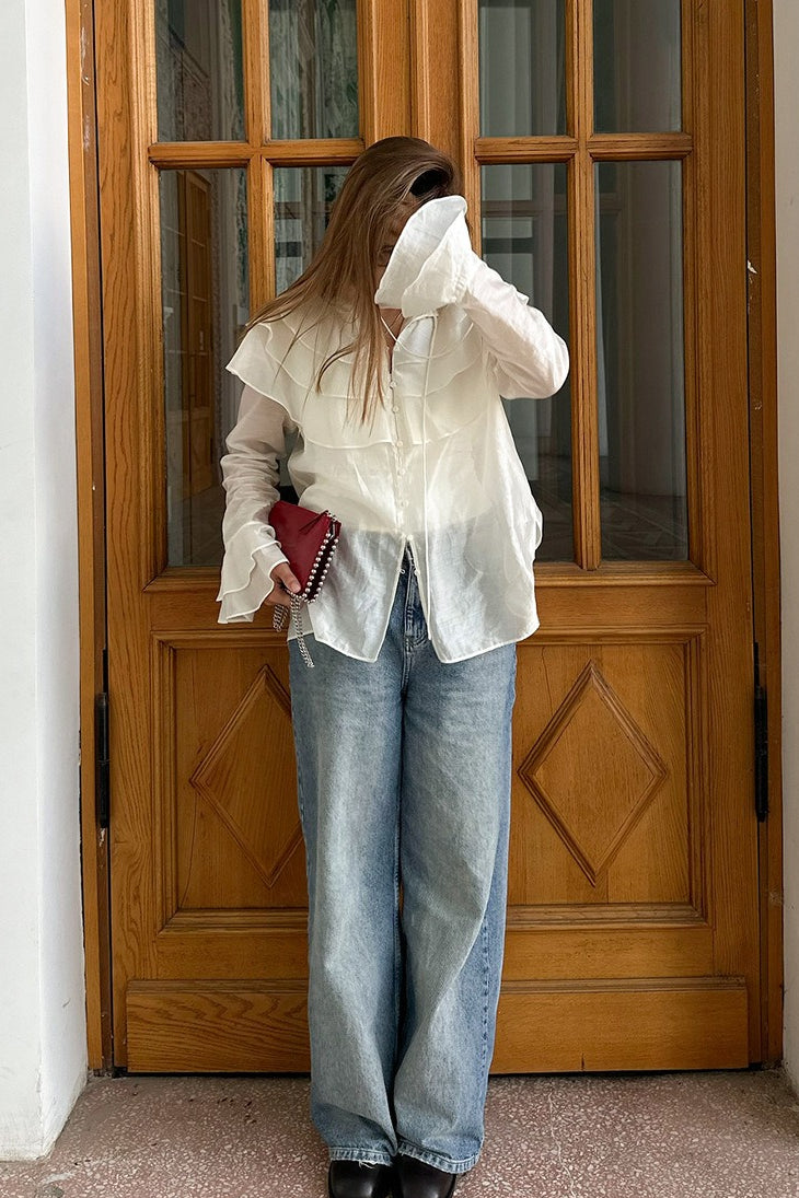Sheer Organza Tiered Ruffle Shoulder Button Front Flare Cuff Blouse 2