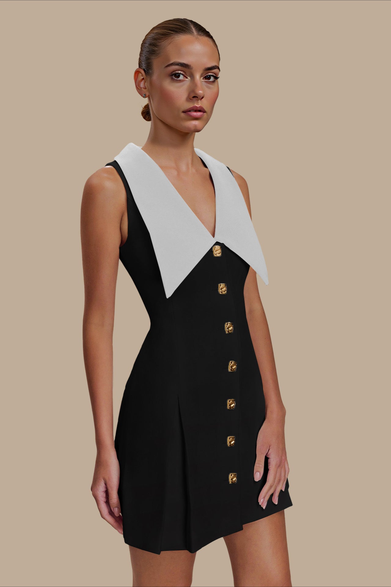 Lapel Bare-Arm Belted Midi Dress