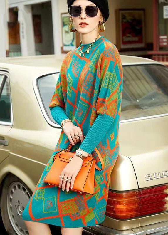 Geometric Pattern Knit Mock Neck Batwing Sleeve Ribbed Cuff Shift Midi Dress