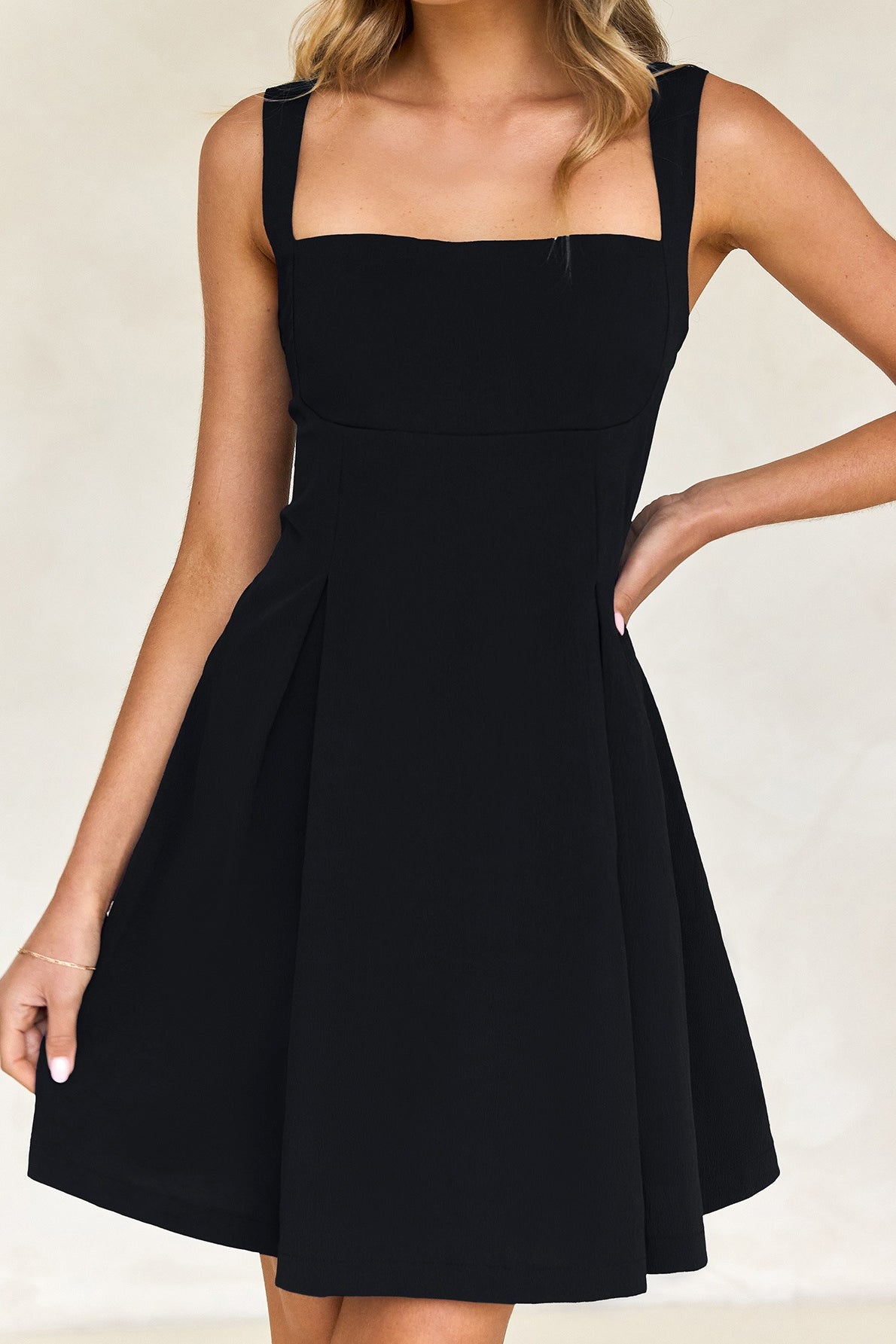 Square Neck Sleeveless Pleated Fit and Flare Mini Dress