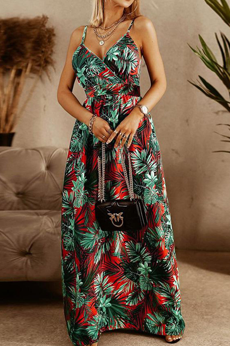 Tropical Leaf Print V-Neck Spaghetti Strap Maxi Dress 4