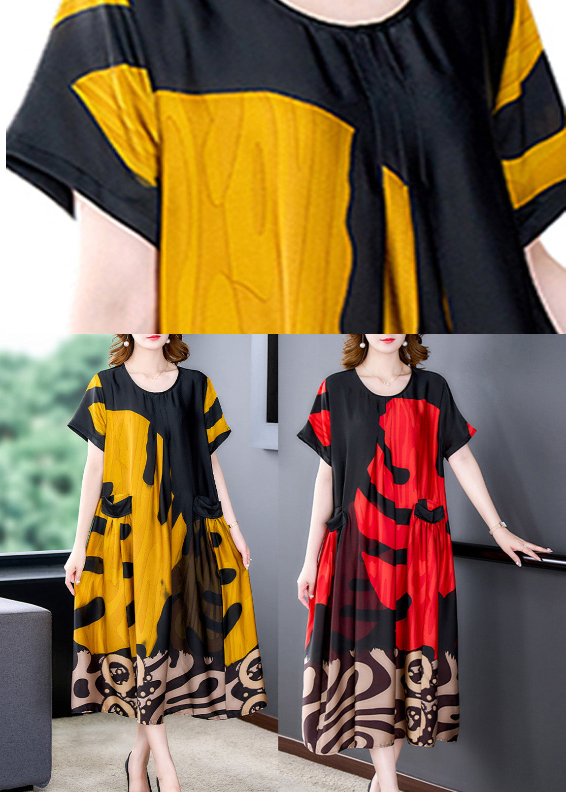 Abstract Graphic Print Round Neck Short Sleeve Pocket Flap Oversized Midi Dress