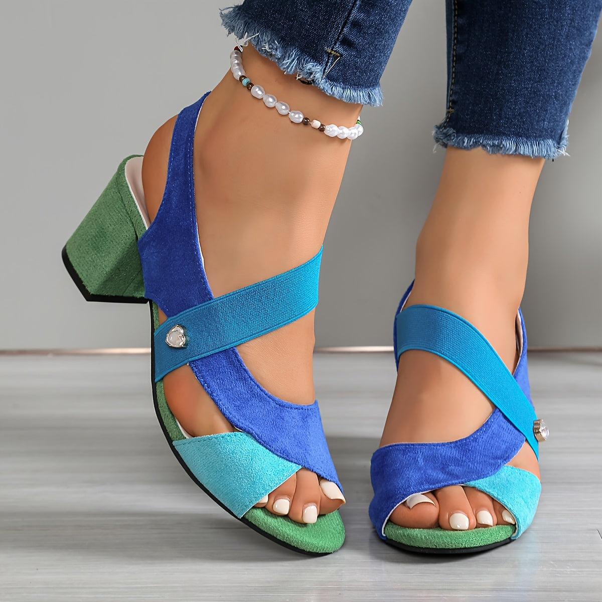 Open Toe Slingback Color Block Block Heel Sandals