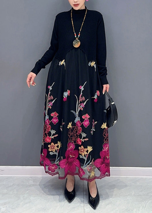 Faux Two-Piece Mock Neck Long Sleeve Floral Embroidered Mesh Scalloped Hem Maxi Dress